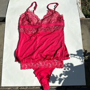 Victorias Secret NWT thong sleep set dark pink w metallic lace SZ M